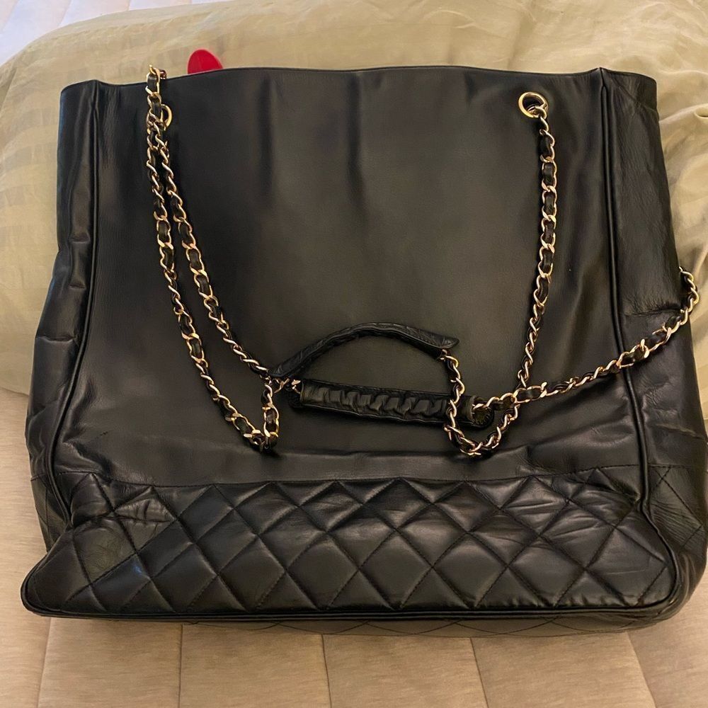 Elegant Black Quilted Chain Chanel Tote. Vintage XL Lambskin